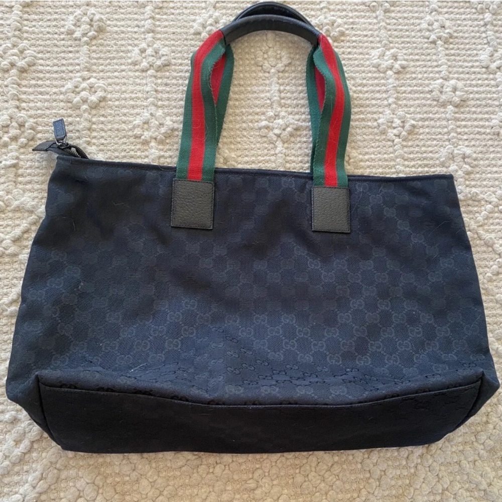 Gucci Black Tote with Signature Red and Green Stripe Handles - Picture 5 of 13